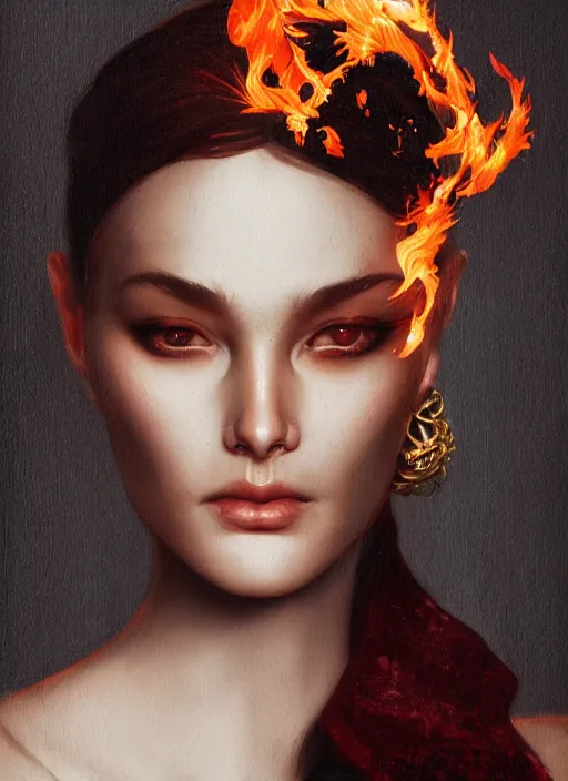 Image similar to fashion portrait with fire, female, future, torch, flame, harper's bazaar, vogue, fashion magazine, intricate, concept art, close up, ornate, luxury, elite, elegant, trending on artstation, by ruan jia, by Kenneth Willardt, by ross tran, by WLOP, by Andrei Riabovitchev,