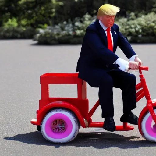 Prompt: donald trump in a ballerina in a tricycle, crying, 4k hd