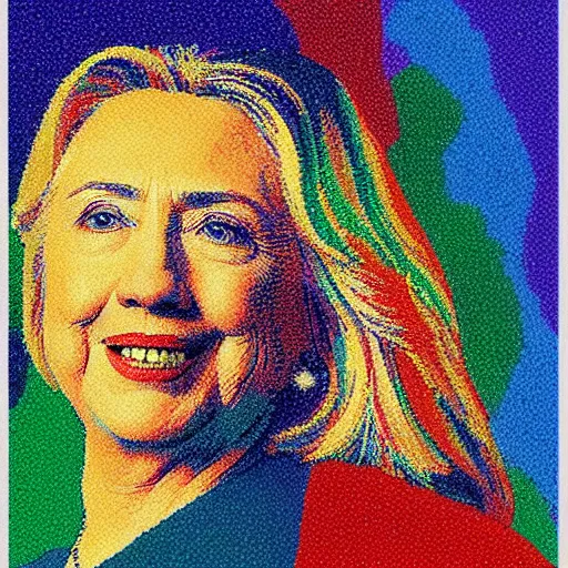 Prompt: very very very colorful pointillist portrait of hillary clinton wearing a beautiful necklace, painted by georges seurat