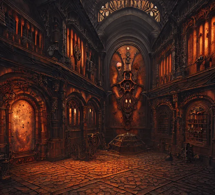 Image similar to steam necropolis, memento mori, gothic, neo - gothic, art nouveau, hyperdetailed copper patina medieval icon, stefan morrell, philippe druillet, ralph mcquarrie, concept art, steampunk, unreal engine, detailed intricate environment, octane render, moody atmospherics, volumetric lighting, ultrasharp, ominous, otherworldly