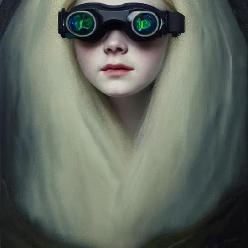 Prompt: portrait of a elle fanning wearing night vision goggles in the dark depths of of the marianas trench, detailed realism face in painting, detailed beautiful portrait, oil painting masterpiece, 8 k resolution, smooth, sharp focus, trending on artstation, by rembrandt