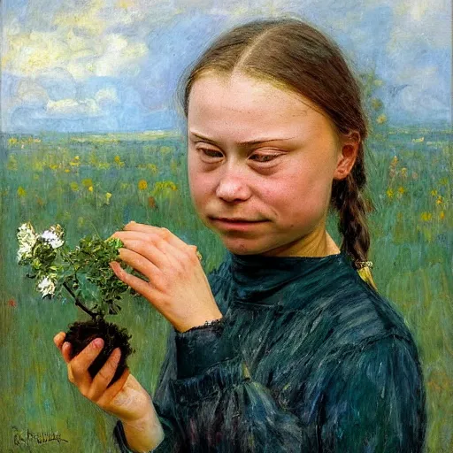 Image similar to Devastated Greta Thunberg holding a plant and crying, impressionism, barren earth, vivid attention to detail, by Greg Rutkowksi and Ilya Repin