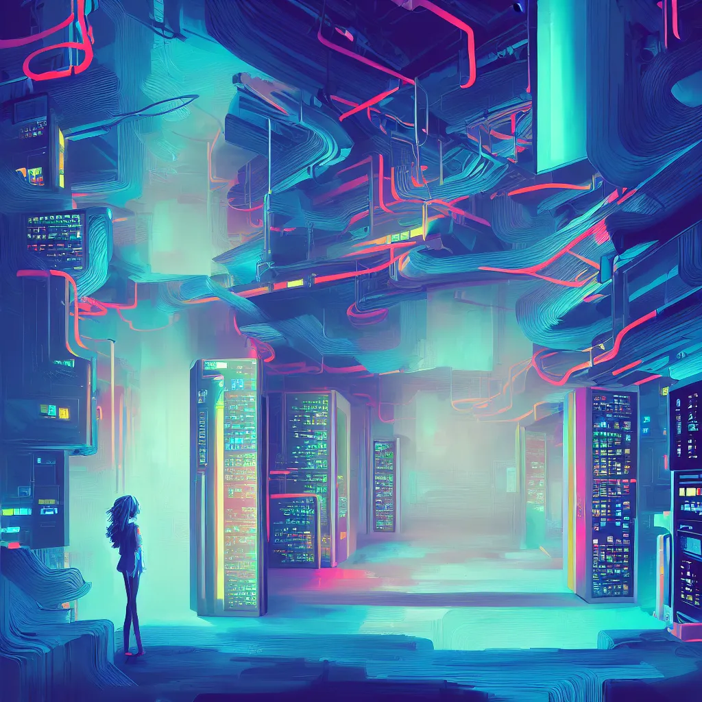 Prompt: illustration of a data-center architecture or schema, security agent, datapipeline or river, painting by Jules Julien, Leslie David and Lisa Frank and Peter Mohrbacher and Alena Aenami and Dave LaChapelle muted colors with minimalism
