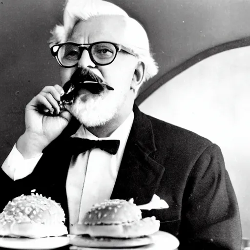 Image similar to An old vintage photograph of Colonel Sanders secretly eating a burger at McDonalds, 4k, highly detailed, photorealistic