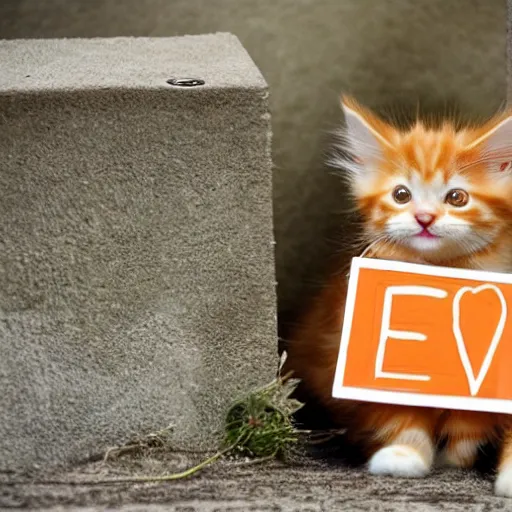 Image similar to cute fluffy orange tabby kitten with a sign that says