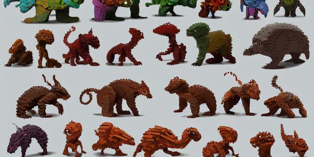 Image similar to creatures called critters, made out of few bricks. cute looking, sharp focus, moebius, character sheet, game concept art, brush work