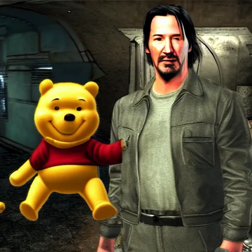 Prompt: screenshot of Keanu Reeves and Winnit the Pooh in fallout new vegas