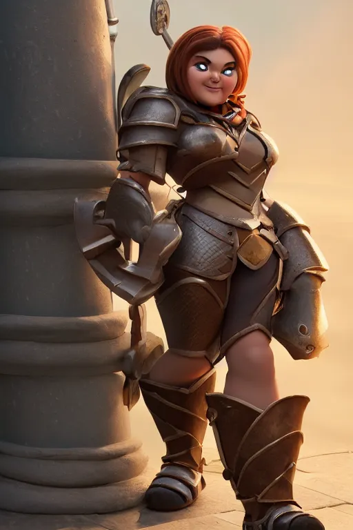 Prompt: fantasy dwarf woman with iron plate armor with a mean face l | stylized | short and stocky broad body| art style of disney pixar movie | HD 8k | rendered by octane