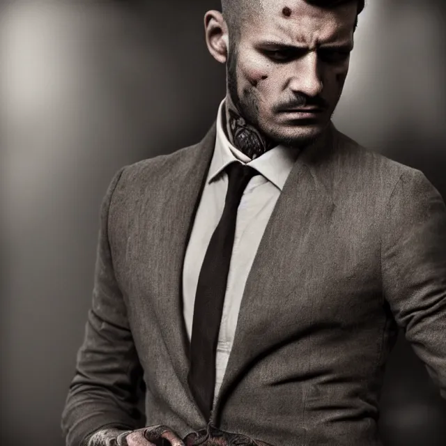 Prompt: photorealistic sepia painting of a male in a grey suit, nabatean aramaic tattoos on his skin, atmospheric lighting, brooding, painted, intricate, ultra detailed, well composed, best on artstation, cgsociety, epic, stunning, gorgeous, intricate detail, much wow, masterpiece, cinematic aesthetic octane render, 8 k hd resolution,