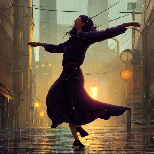 Image similar to highly detailed a woman dancing in the rain, in gta v, stephen bliss, unreal engine, fantasy art by greg rutkowski, loish, rhads, ferdinand knab, makoto shinkai and lois van baarle, ilya kuvshinov, rossdraws, tom bagshaw, global illumination, radiant light, detailed and intricate environment