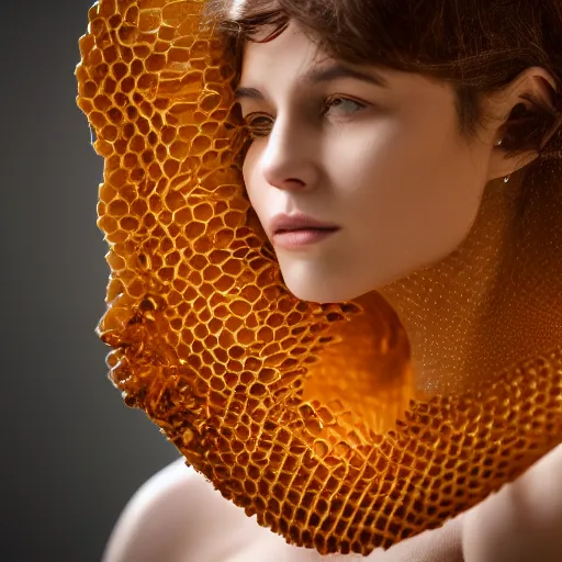 Image similar to a photo of a beautiful female made or of biomorphic honeycombs, 5 0 mm lens, f 1. 4, sharp focus, ethereal, emotionally evoking, head in focus, volumetric lighting, 8 k