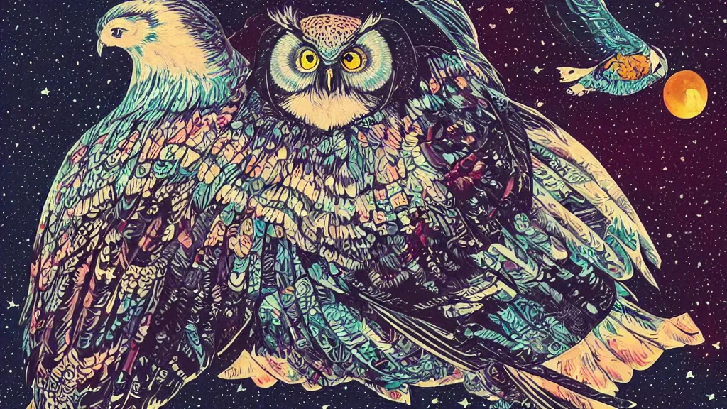 Prompt: very detailed, ilya kuvshinov, mcbess, rutkowski, watercolor quilt illustration of owl flying at night, colorful, deep shadows, astrophotography, highly detailed, wide shot