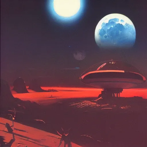 Image similar to a dark and colorful close - up of a sci - fi moon base with led lights glowing fog in the background. highly detailed science fiction painting by norman rockwell, frank frazetta, and syd mead. rich colors, high contrast, gloomy atmosphere, dark background. trending on artstation