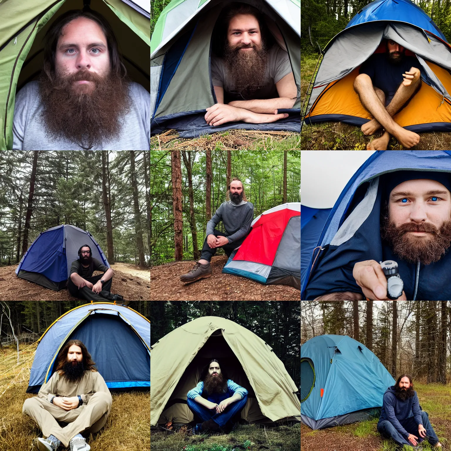 Prompt: the man is sitting in his tent and looking into the camera lens with an open window behind him, he has long hair and beard