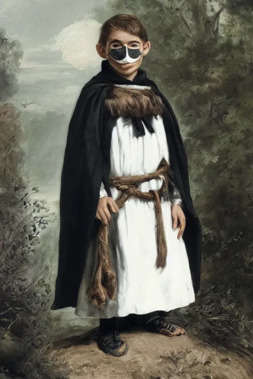 Prompt: a young adventurer wearing a white bird mask and a black cloak.