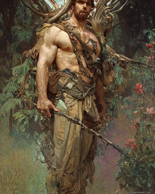 Image similar to god of the forest, 3 0 years old, rugged, male, gorgeous, detailed face, amazing, flowers, muscular, intricate, highly detailed, digital painting, artstation, concept art, sharp focus, illustration, art by gaston bussiere greg rutkowski alphonse mucha