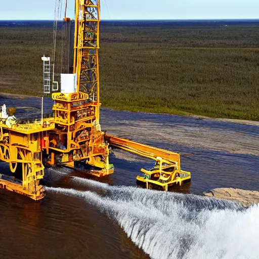 Image similar to oil drilling rig, drilling water deposit, water flowing,