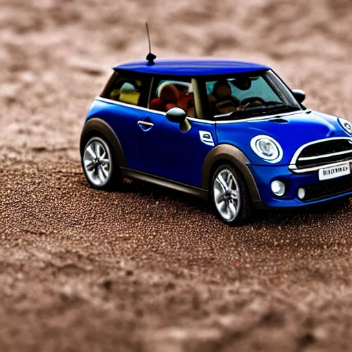 a photo of a miniature Mini Cooper car on a beach