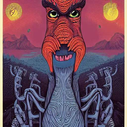 Image similar to An illustration of a monster with a tall neck and a big head, has multiple eyes, illustrated by Dan Mumford