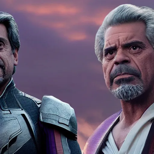 Prompt: film realistic still Eugenio Derbez as Thanos in Avengers Endgame