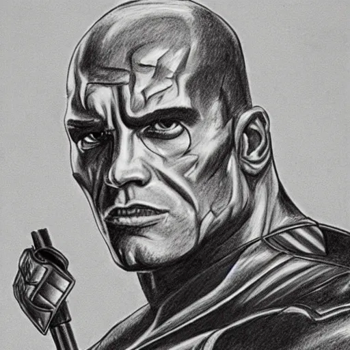 Prompt: pencil sketch of the rock as terminator ( 1 9 8 4 )