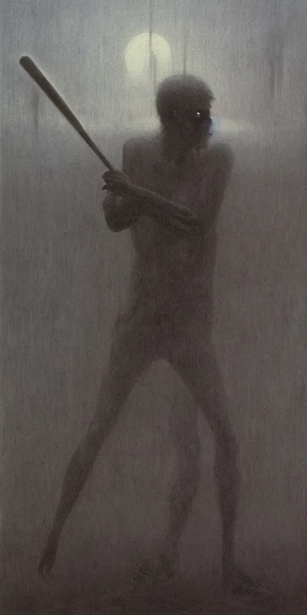 Prompt: painting of a man playing baseball with eldritch beings, by Zdzislaw Beksinski, gothic, amazing details, cold hue's, warm tone gradient background