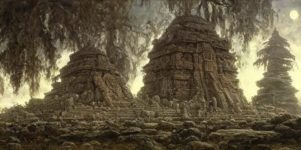 Image similar to a alien temple, by ivan shishkin, by james gurney, detailed, atmospheric, 8 k