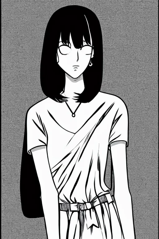 Prompt: portrait of a elegant girl in long pants and a top, hands in pockets, eyes closed, bob haircut, digital art, black and white, lineart by junji ito and kaoru mori