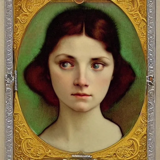 Prompt: portrait of a beautiful young lady with huge bright silver eyes, colored daguerreotype by pontormo, by bosch, by mucha, by Mackintosh, by max ernst, by ernst heackel, modern art noveau, ornate background, highly detailed, liminal, eerie, Bright pastel colors