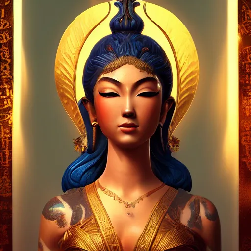 Image similar to stunning artstation style portrait painting of a mermaid bodhisattva, in the style of WLOP, 8k masterpiece, curvy, slim build, full body view, wide view cinematic lighting, pristine clean design, fantasy, insanely detailed, atmospheric