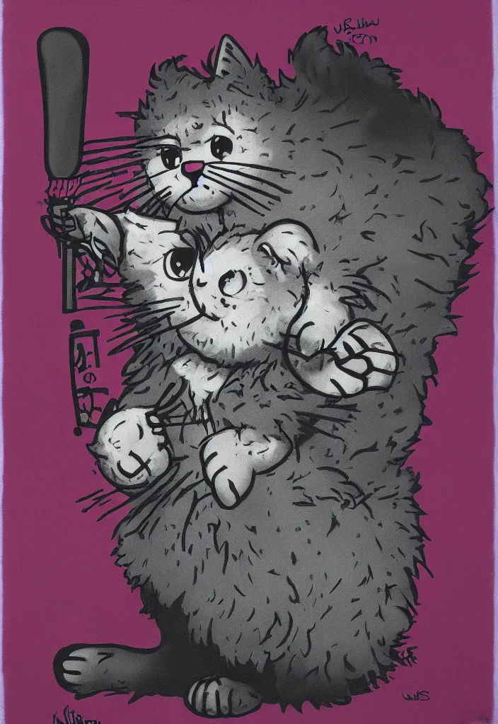 Image similar to fluffy cat with an afro comb t - shirt design, by jules julien, kaws, dark grisaille monochrome neon spraypaint, ironic surrealism, hypebeast