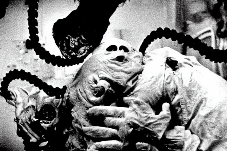 Prompt: scary intense grotesque disgusting filmic wide shot angle movie still 35mm film color photograph of a shape shifting horrific nightmarish abstract alien organism spewing toxic spined tentacles made out of flesh strangling a doctor wearing a lab coat and surgical mask in the style of a horror film The Thing 1982