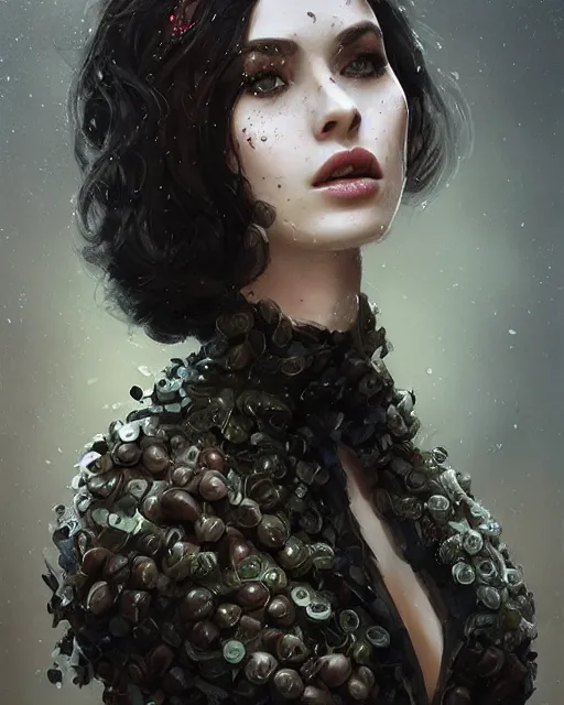 Prompt: olivia wearing an outfit made of olives, half body portrait, 3 d animation, black hair, freckles, pale skin, photo by greg rutkowski, risque fashion, female beauty, intricate detail, elegance, sharp shapes, soft lighting, vibrant colors, masterpiece