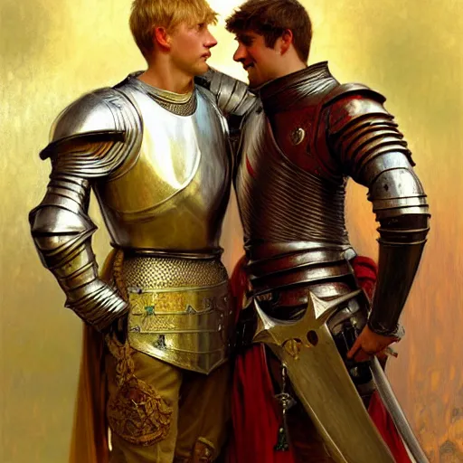 Image similar to attractive arthur pendragon and his attractive male knight, they are in love, natural lighting, path traced, highly detailed, high quality, digital painting, by gaston bussiere, craig mullins, alphonse mucha j. c. leyendecker