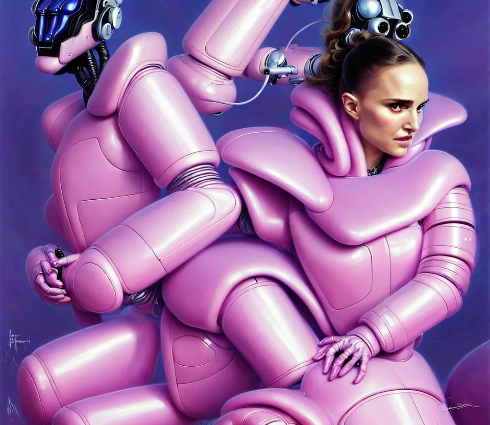 Image similar to beautiful fantasy character portrait, natalie portman, wearing pink puffy bomber jacket with white fur, decepticon robots, seductive reclining pose, futuristic chrome drones, ultra realistic, dramatic lighting, decepticon artifacts, highly detailed by peter mohrbacher, hajime sorayama, wayne barlowe, boris vallejo, aaron horkey, gaston bussiere, craig mullins