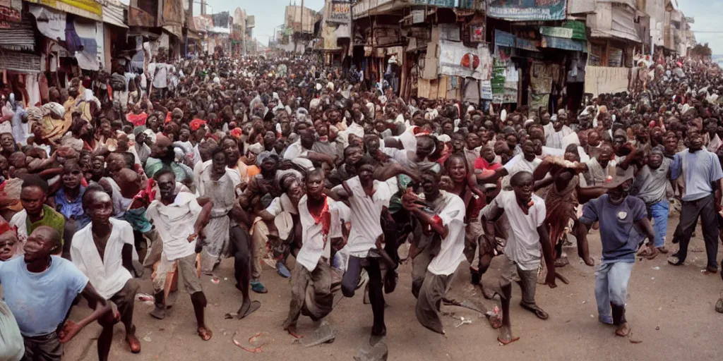 Image similar to crowd in african town performing mob justice on a photorealistic squidward, mangled blood and bone, cinestill 8 0 0 t