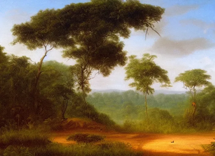 Image similar to the border of the jungle and the savannah in africa in the style of hudson river school of art, oil on canvas