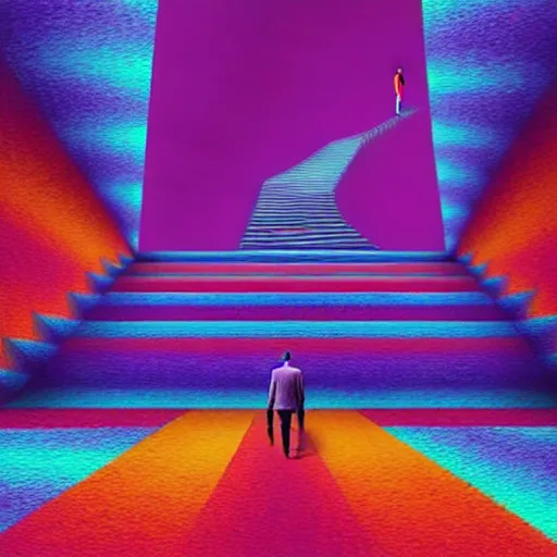 Prompt: photo - realistic, painting of a man walking alone in the boulevard of psychedelic dreams, trippy stairs in the background, hyper detail, sharp, in the style of beeple, mobeius, rule of thirds, unreal engine