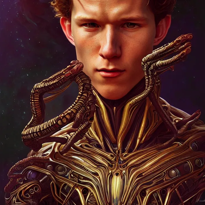 Image similar to Retrograde alien Tom Holland, diffuse lighting, fantasy, intricate, elegant, highly detailed, lifelike, photorealistic, digital painting, artstation, illustration, concept art, smooth, sharp focus, art by John Collier and Albert Aublet and Krenz Cushart and Artem Demura and Alphonse Mucha