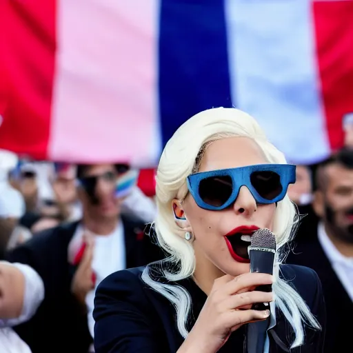 Image similar to Lady Gaga as president, Argentina presidential rally, Argentine flags behind, bokeh, giving a speech, detailed face, Argentina