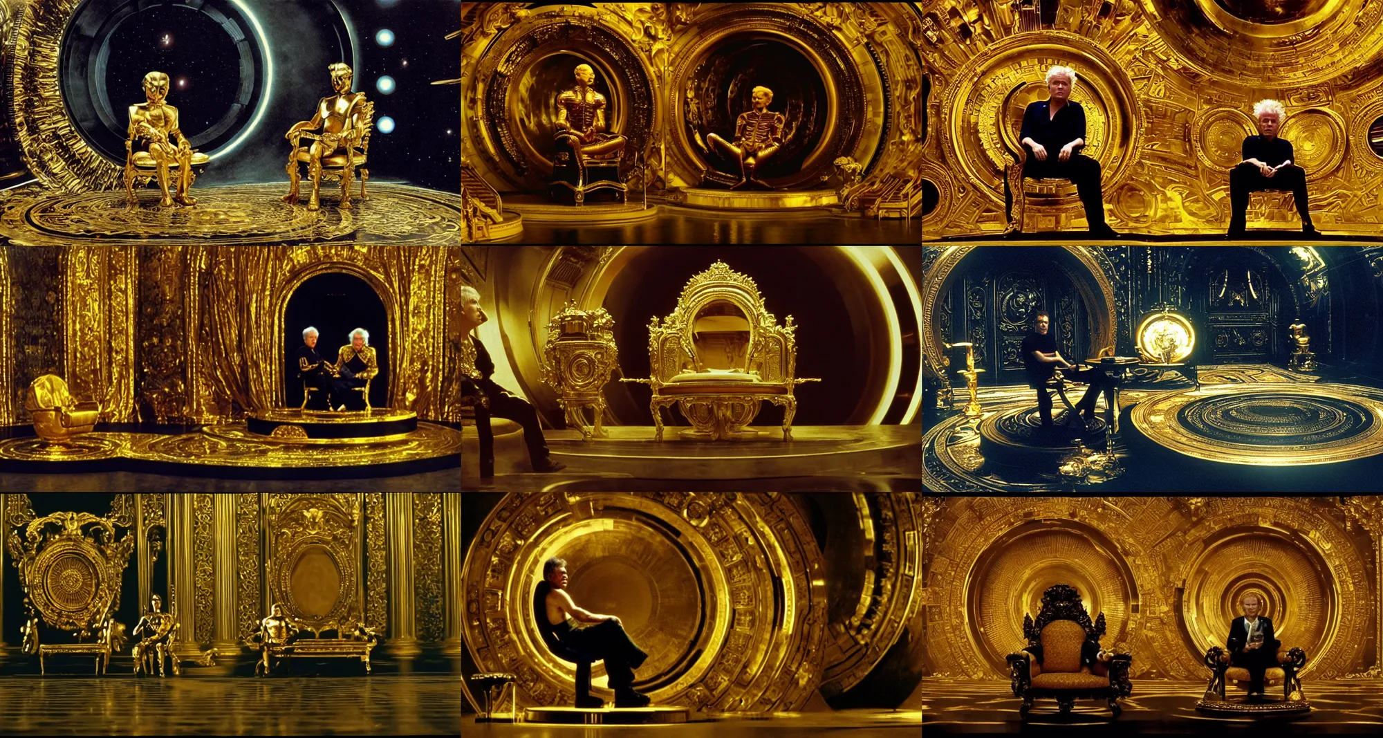 Prompt: the emperor sits on gold futuristic chair in dark palace in front of huge central porthole in which venus planet is visible | still frame from the movie by ridley scott with cinematogrophy of christopher doyle and art direction by hans giger, anamorphic lens, kodakchrome, 8 k