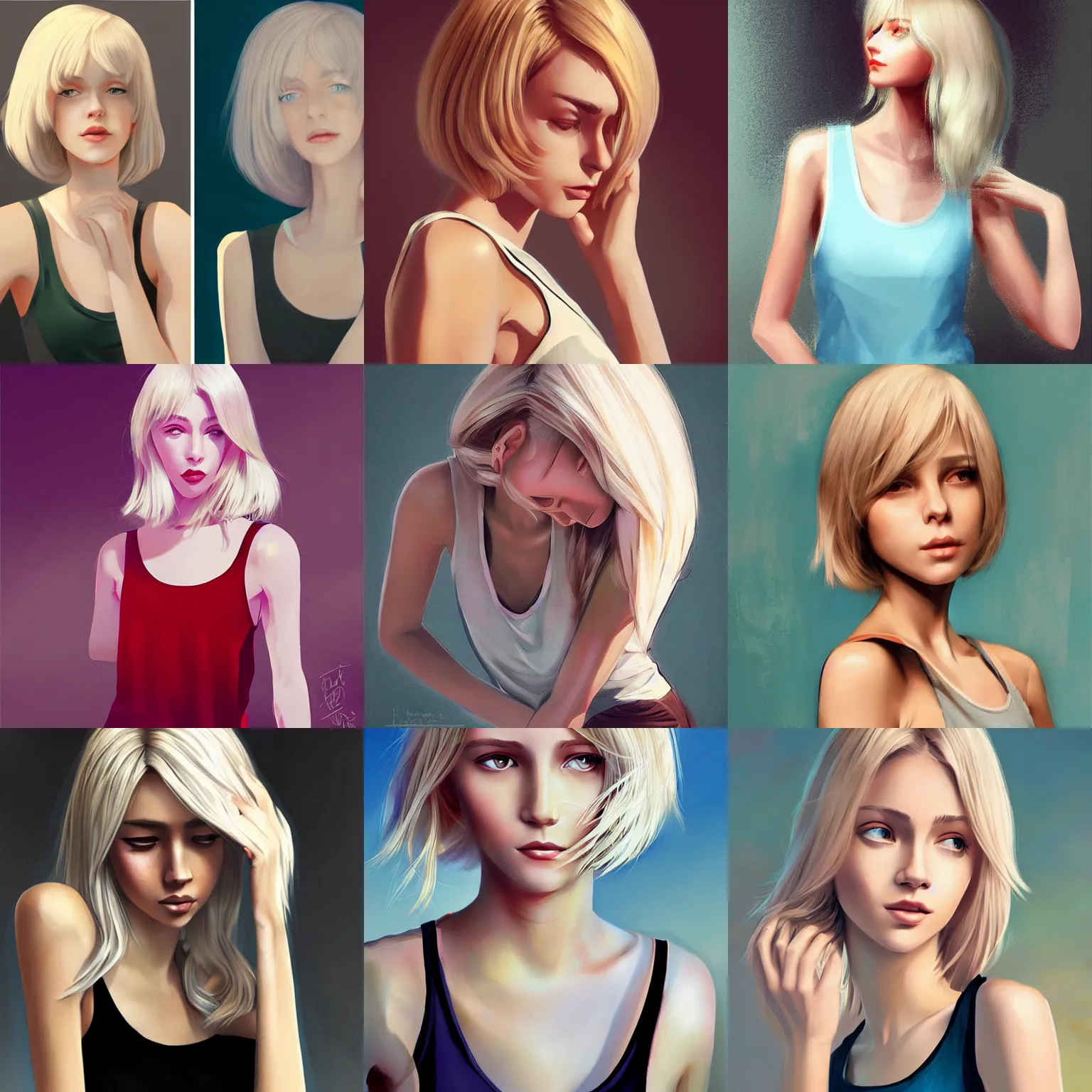 Prompt: gorgeous woman wearing a tanktop, with light blonde shoulder-length hair, in the style of Ilya Kuvshinov and mark arian