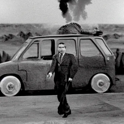 Prompt: Archival photo of Mr Bean launching the atomic bomb