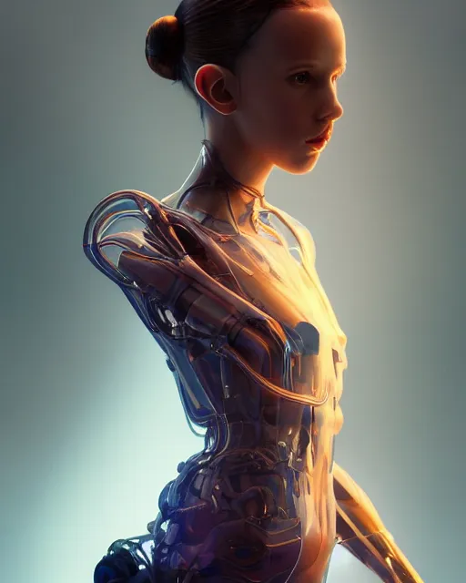 Prompt: weta movie still full body portrait photo, mesh render, of millie bobby brown as a sad translucent plastic cyborg girl by weta, wlop, ilya kuvshinov, rossdraws, artgerm, anime, liosh, mucha