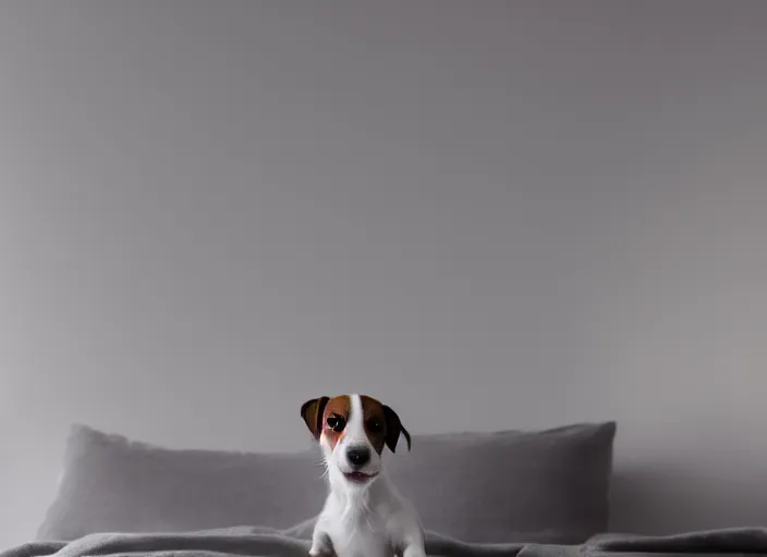 Image similar to photography of a Jack Russel . watching outside the window. on a bed. in a white room. octane render,volumetric light, volumetric fog, photorealistic,, award winning photo, 100mm, sharp, cloth, high res