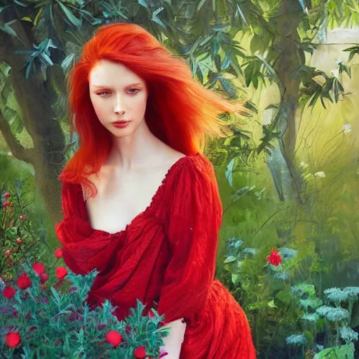 Image similar to a beautiful red haired woman in a garden, beautiful painting by irakli nadar and magali villanueve