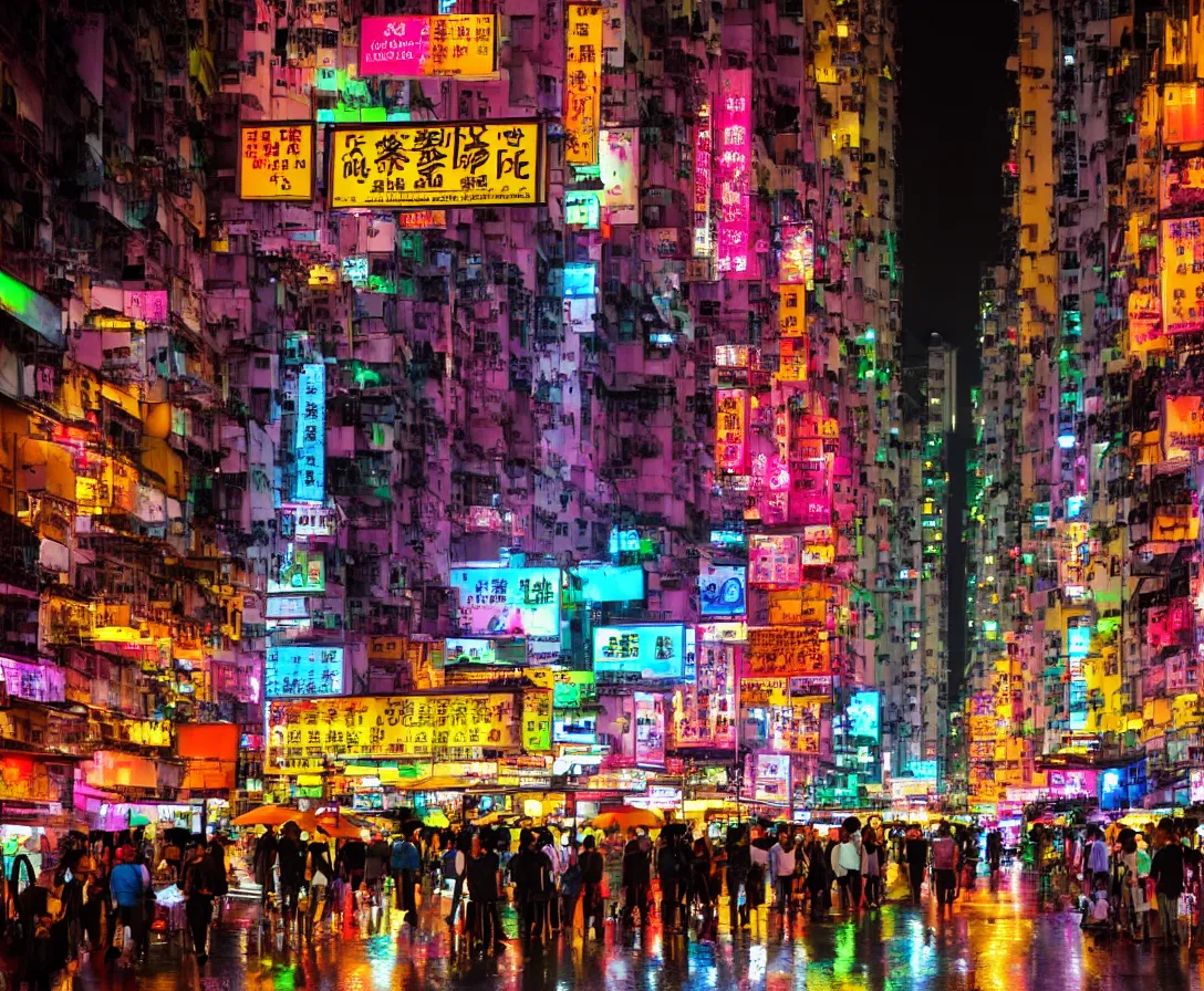 Image similar to neo hong kong, rainy atmosphere, night time, bright lights, colorful signs, busy streets, high res, kowloon