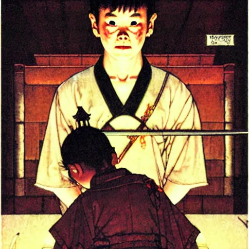 Prompt: Chihiro in a dark temple by Norman Rockwell