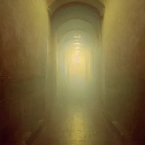 Image similar to A highly detailed hallway liminal space by Ivan Aivazovsky and Nicholas Roerich, impressionistic brushwork, silent hill aesthetic