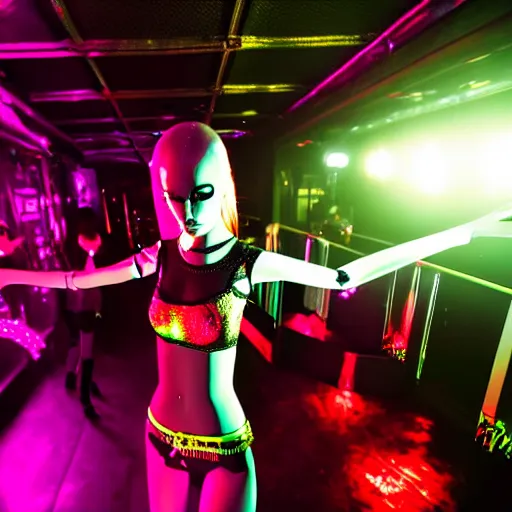 Prompt: an award winning 4 k digital photograph of a skinny cute goth girl at a night club dancing, club full of mannequins, neon spotlights, canon 3 5 mm wide view lens viewpoint